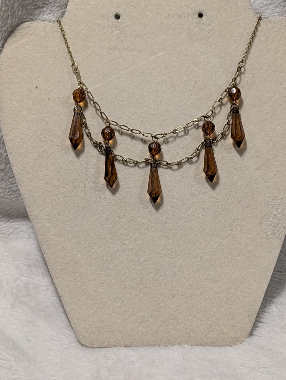 Vintage Gold Tone Layered Chain Necklace Amber Faceted Tear Drop Beads